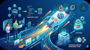 Современная иллюстрация процесса оптимизации и ускорения работы сайта на WordPress для блога агентства 1-Smm