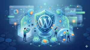 Современная иллюстрация защиты сайта на WordPress от киберугроз в стиле цифровой безопасности 2026 года