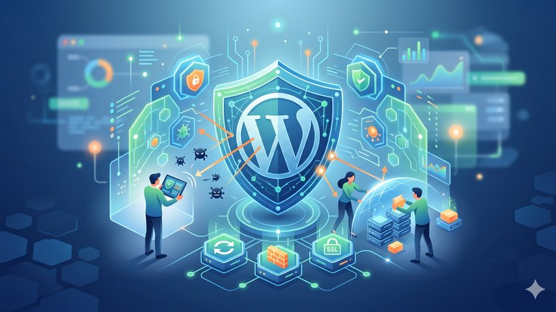 Современная иллюстрация защиты сайта на WordPress от киберугроз в стиле цифровой безопасности 2026 года